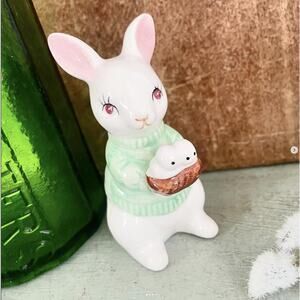 Vintage Rabbit Bunny Ceramic Figurine Green Sweater Eyelash Baby Nursery Easter